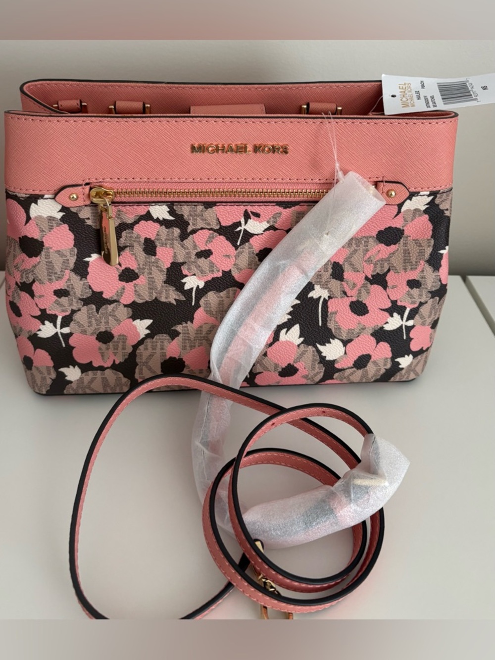 NEW Michael Kors Pink Floral Saffiano Leather Crossbody Bag Hailee authentic